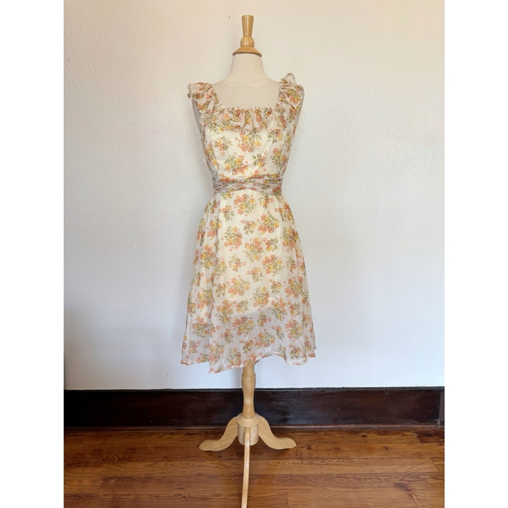 Vintage 70s Orange Floral Ruffle Summer Dress